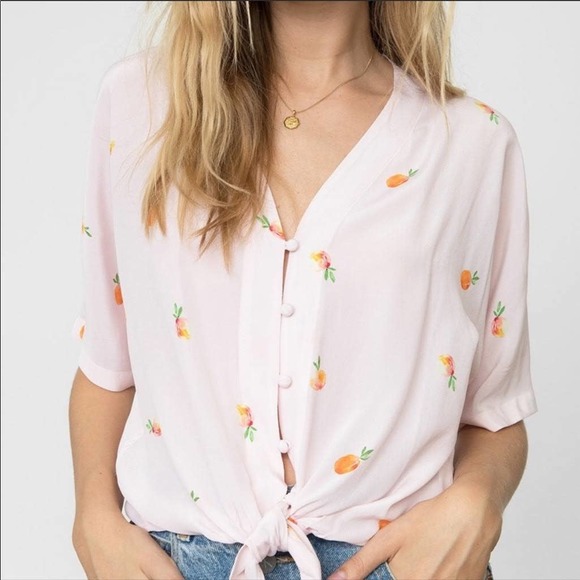 Rails Thea Peach Fruit Print Tie Waist Silk Button Front V-Neck Blouse Top XS - Picture 1 of 7